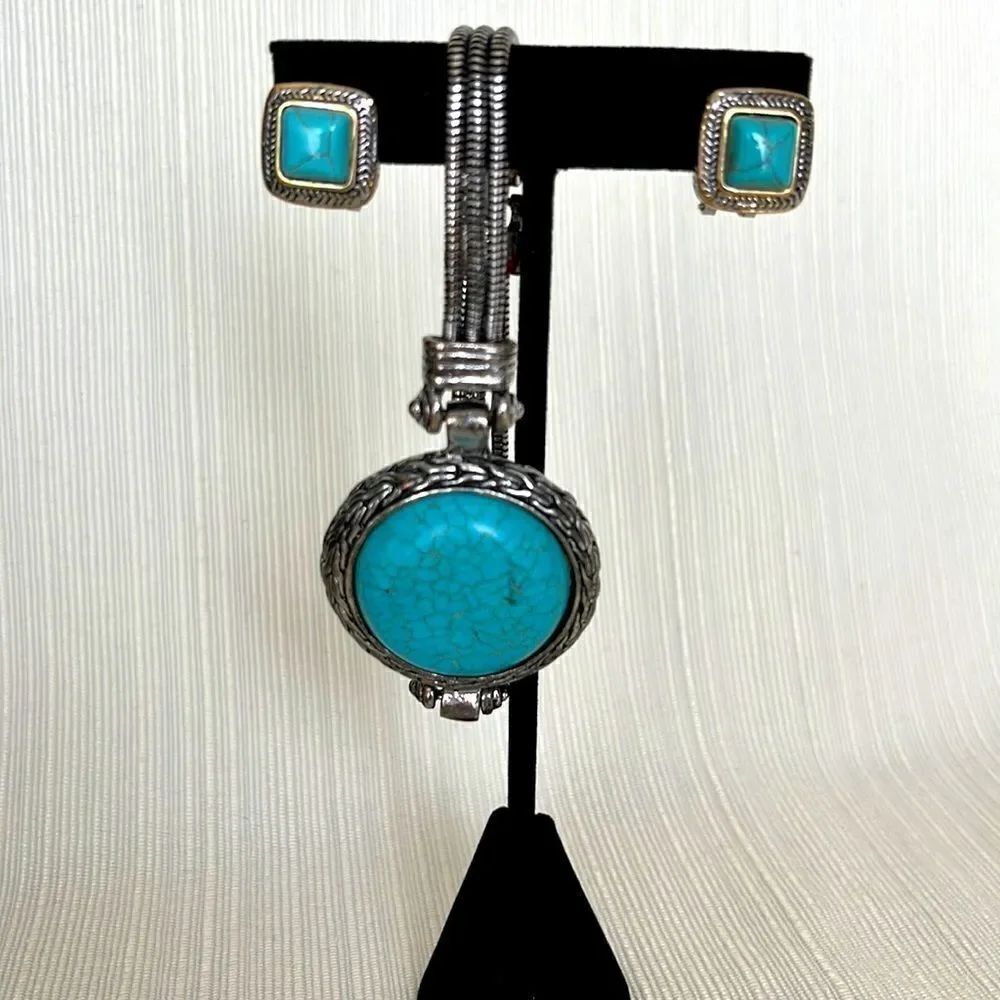 Boho Western Faux Turquoise Bracelet and Gold and Silver Tone Earrings